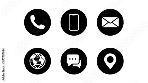 Clean round icons for phone, message, email, location, and global communication concepts.