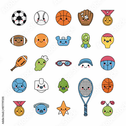 A delightful collection of cute cartoon sports equipment and related items, each featuring a charming smiling face on a clean white background.