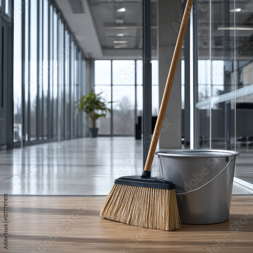 Broom bucket cleaning office floor modern glass corporate interior daylight cleanliness workspace equipment maintenance professional empty