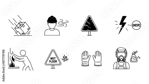 “Workplace hazard and protection icons, simple line art, flat vector design, infographic ready”