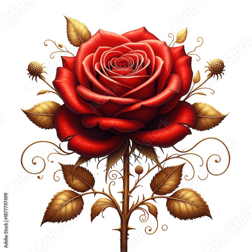 Vibrant red rose with golden accents isolated on transparent background