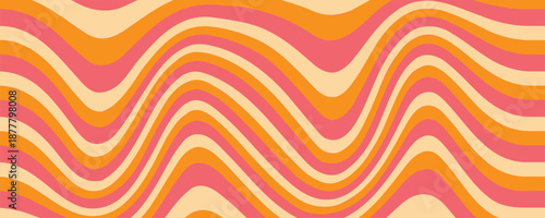 1970 Wavy Swirl Seamless Pattern in Orange and Pink Colors. Hand-Drawn Vector Illustration. Seventies Style, Groovy Background, Wallpaper, Print. Flat Design, Hippie Aesthetic.