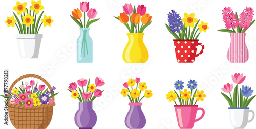 Colorful spring flower arrangements in decorative vases, pots, mugs, and baskets with tulips, daffodils, hyacinths, daisies vibrant vector illustration