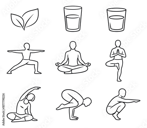 Line art wellness icons set featuring yoga poses, leaves, and water glasses for a healthy lifestyle