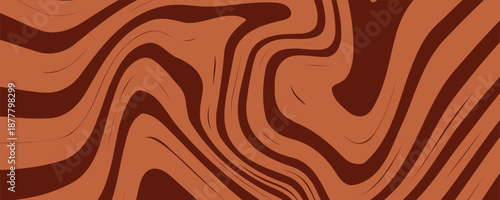 Retro coffee color background. Milk chocolate liquid dessert texture. Wavy swirl candy pattern for poster, cover, banner, pamphlet. Vintage brown trippy hippie wallpaper in 60s or 70s style. Vector