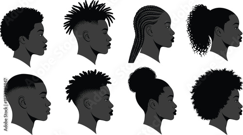Diverse Black hairstyles vector silhouettes showcasing afro, dreadlocks, cornrows, ponytail, buzz cut, mohawk, bun, cultural identity illustration