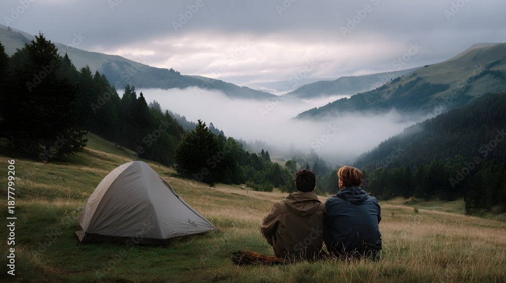Fototapeta premium Two people sit by a tent gazing at a misty mountain valley at dawn