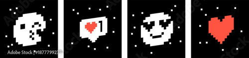 Set of y2k love icons in pixel art. Bold and groovy sticker. Brutal style. 3D pixels vector elements. Bright modern heart shape for collage and posters. Abstract geometric simple square illustration