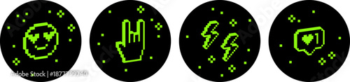 3D pixel art green vector elements. Trendy Y2k retro sticker set. Smile, heart. Rock hand icon. Fans, rock-n-roll. Bold and groovy. Simple geometric shape. Game abstract icons on black background