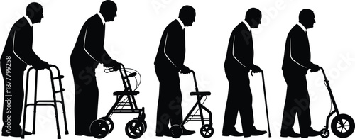 Elderly person silhouettes using mobility aids including walker, rollator, cane, knee scooter, medical rehabilitation equipment for independence support vector illustration