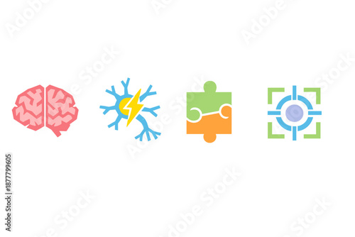 Abstract icons representing ideas: brain, energy, puzzle, goal