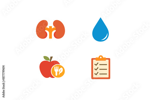 Healthy lifestyle icons: kidney, water, apple, checklist