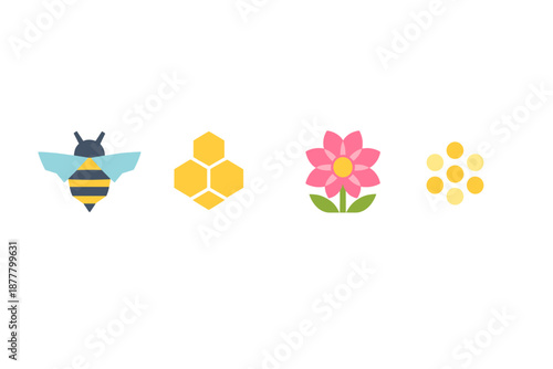 Bee, honeycomb, flower, and pollen vector icons on a gradient