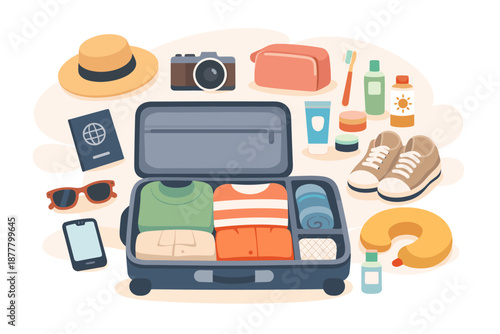 Packing suitcase for a vacation with travel essentials