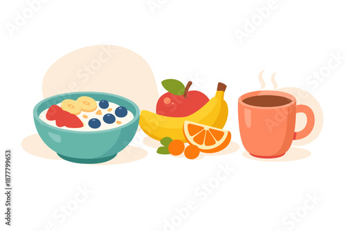 Healthy breakfast with oatmeal, fruits, and coffee