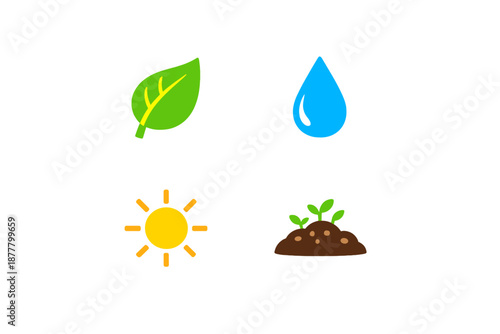 Four elements of nature: sun, water, leaf, and soil