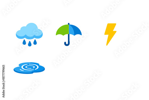 Weather icons: rain, umbrella, lightning