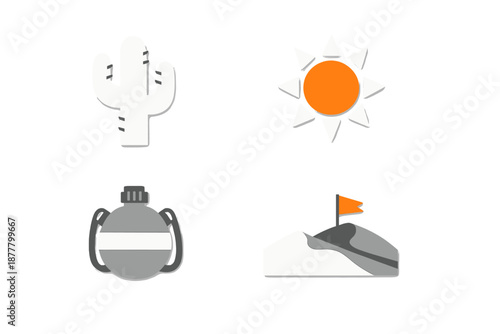 Desert adventure icons: cactus, sun, canteen, and mountain summit