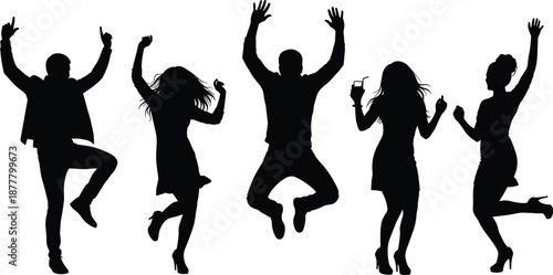 Energetic dancing silhouettes celebrating party joy with friends, festive lifestyle illustration showing happiness, freedom, movement, fun, drink, entertainment vibes