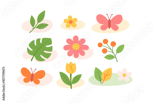 Cute hand-drawn nature elements and butterflies