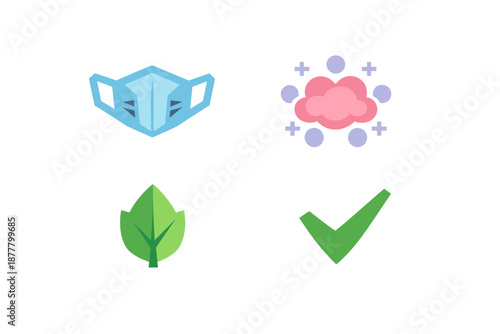 Digital icons representing mask, cloud, leaf, and checkmark