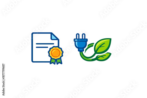 Certificate and Green Energy Icon with Neon Glow