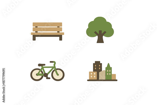 Simple flat icons of park bench, tree, bicycle, and city buildings