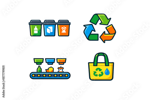 Recycling icons: bins, conveyor belt, and tote bag