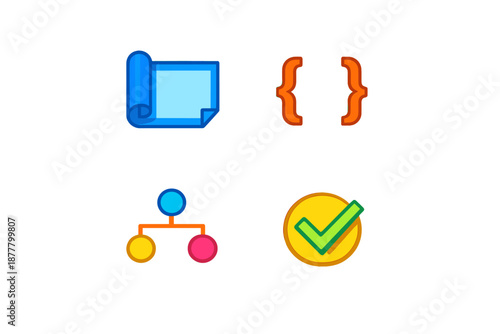 Four modern icons: document, coding, flowchart, and checkmark