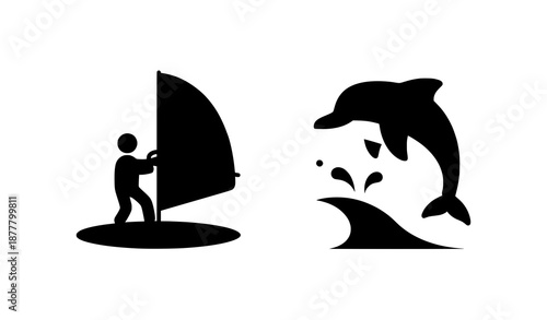 Flat summer vacation icons with windsurfing and dolphin for sea tourism and water activity design