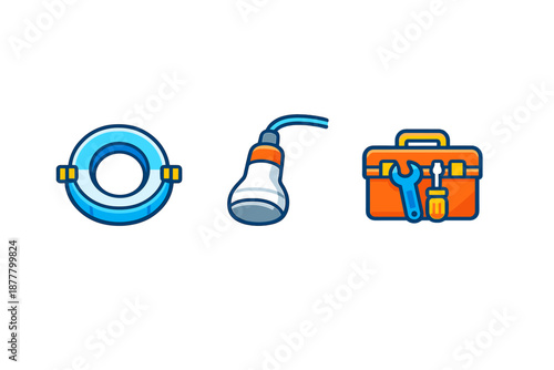 Set of three icons: recessed light, shower head, and toolbox