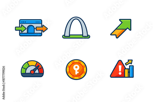 Collection of six colorful flat icons with a dark gradient background