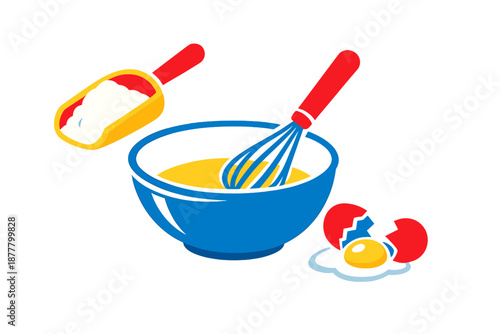 Cooking ingredients: egg, flour and whisk in bowl