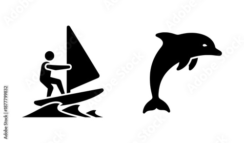 Summer sea vacation glyph icons with windsurfing and dolphin for travel and tourism branding