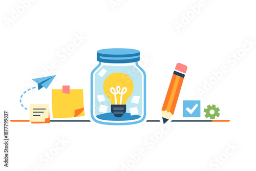 Concept of idea generation with a light bulb in a jar