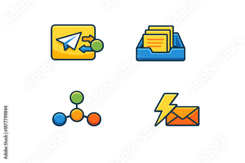 Set of four flat design icons for communication and data