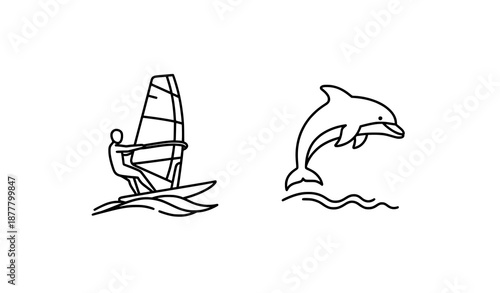 Sea vacation outline icons featuring windsurfing and dolphin for summer tourism and water activity design