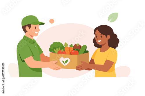 Delivery person handing a box of fresh vegetables to a woman