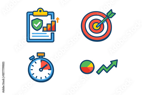 Set of four business-related flat icons with neon glow effect