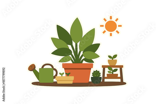 Houseplants on a shelf with watering can and sun icon