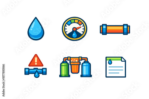 Water system icons: drop, gauge, pipe, filter, warning, document
