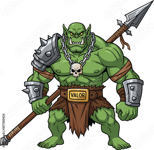 Epic fantasy green orc warrior illustration with armor, spear, skull necklace, valor belt, fierce expression, battle ready vector art