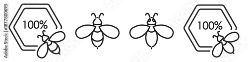 Set of natural honey icons with a minimalist thin line design isolated on transparent background. Honeycomb, bee, and 100% elements represent pure, unprocessed honey. Hundred percent natural honey.