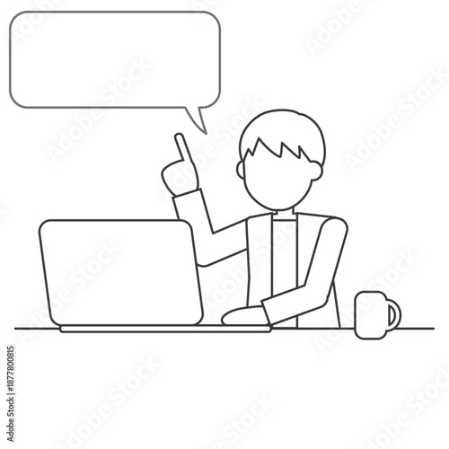 き出しで説明するパソコン作業中の男性（線画）