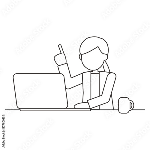 パソコン作業中に指差しで説明する女性の線画イラスト