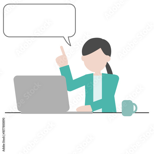 吹き出しで説明するパソコン作業中の女性