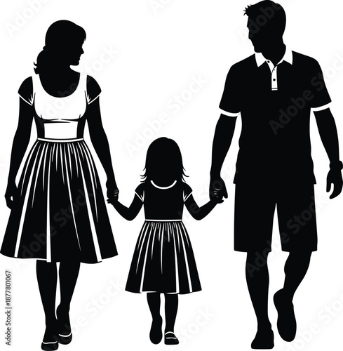Family silhouette vector illustration of parents holding child’s hands walking together, concept of love, unity, support, parenting, togetherness