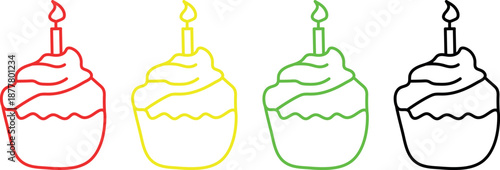 Elegant Minimalist Continuous Color Line Sketch of a Birthday Cake with Single Candle — Refined Linear Art Vector Illustration in Modern One-Line Drawing Style, Isolated on Clean White Background for 