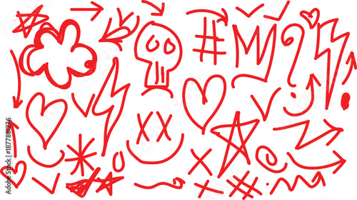 Vibrant red graffiti symbols on white background for creative projects