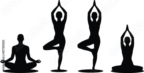 Yoga silhouette vector set, black poses, meditation and balance postures, mindfulness design, tree pose, seated figure, wellness illustration